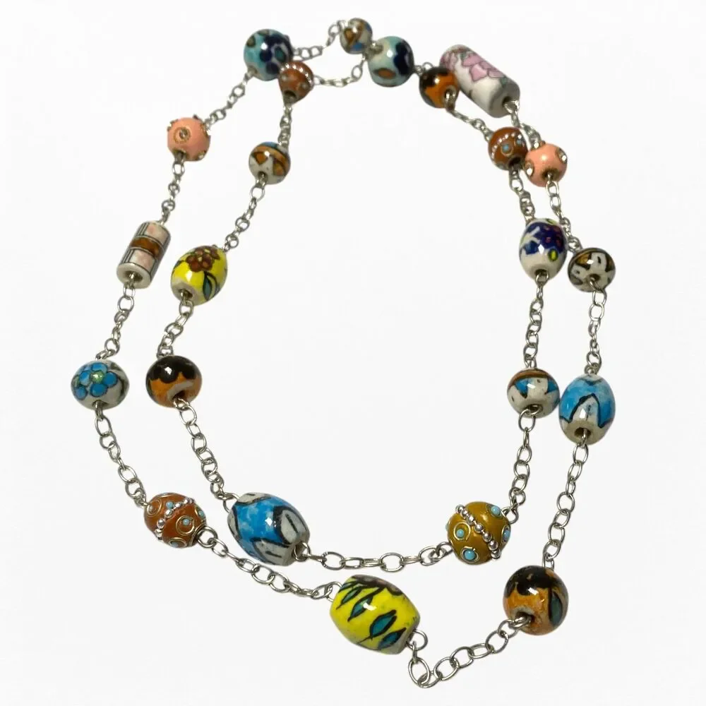 VTG Necklace Ceramic Resin Bead Station Painted Floral Art Long Boho Festival